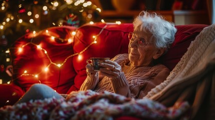 Obraz premium elderly woman enjoying tea on cozy red couch with christmas lights