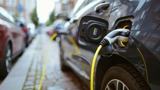 electric vehicle charging at a station closeup of connected charging cable sustainable transportation concept - Powered by Adobe