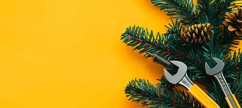 Picture of a holiday tree decorated with New Year’s ornaments and wrenches in New Year's theme on a yellow backdrop, flat style.