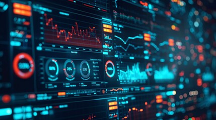 A digital representation of a stock market dashboard with various charts, graphs, and indicators
