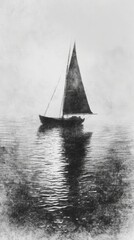 A lone sailboat glides on a tranquil body of water, shrouded in mist