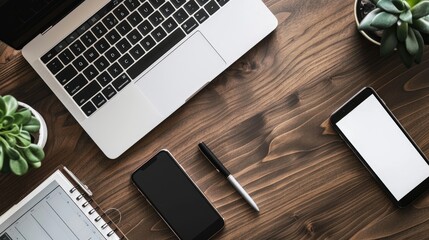 Professional workspace with a computer, phone, notebook, and pen, ideal for productivity and organization