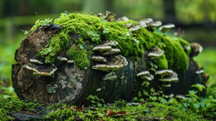 Rotting log adorned with green moss and mushrooms, offering a close-up look at natural decomposition