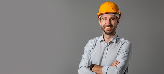 Smiling young unshaven businessman wearing a light shirt, protective construction helmet, isolated...