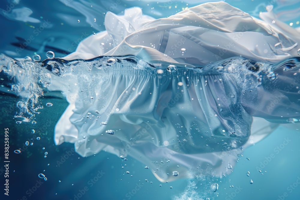 Poster a plastic bag is seen floating on the surface of calm water, with ripples and reflections creating a