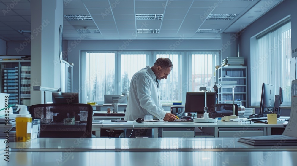 Aufkleber a scientist working on a laptop in a laboratory setting, possibly conducting research or analyzing d