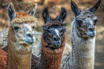 Fototapeta premium A group of llamas standing side by side, with their unique features and markings on display