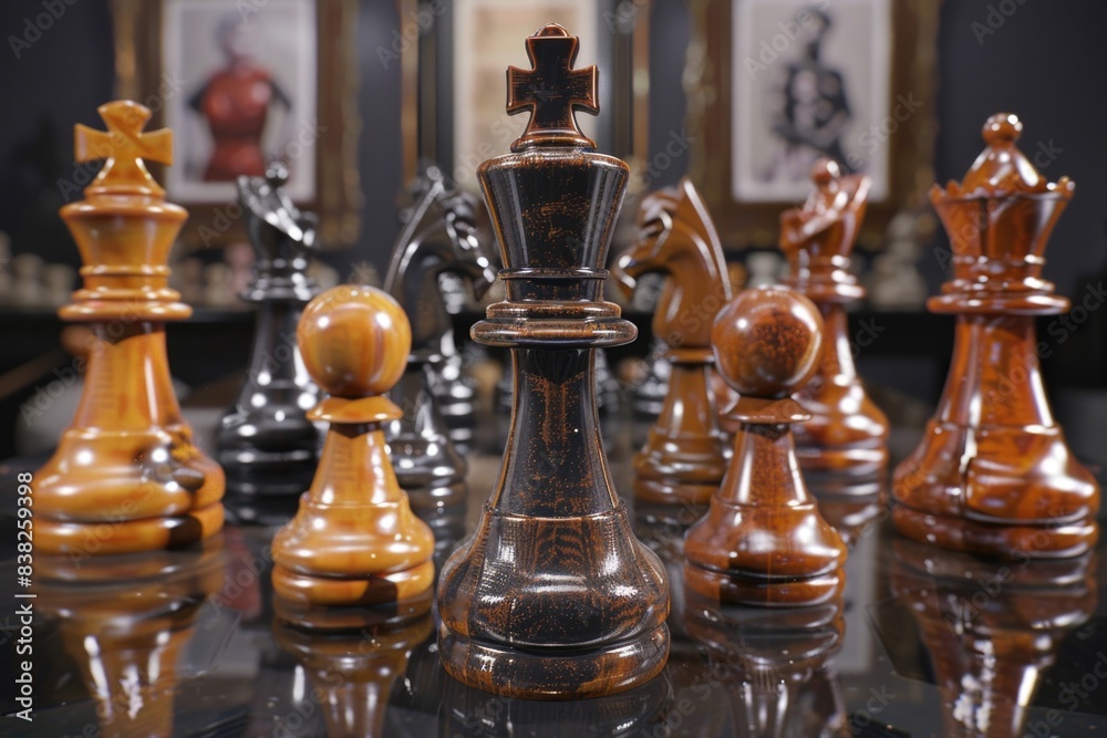 Poster group of chess pieces arranged on a table, great for editorial or commercial use