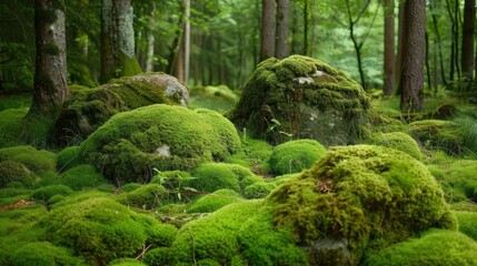 Obraz premium Serene forest scene with moss-covered stones and algae, showcasing the tranquil beauty of nature