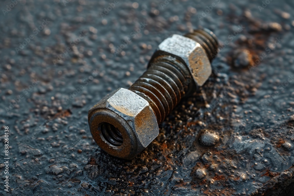 Poster a detailed view of a bolt lying on the ground, perfect for use in scenes where hardware or machinery