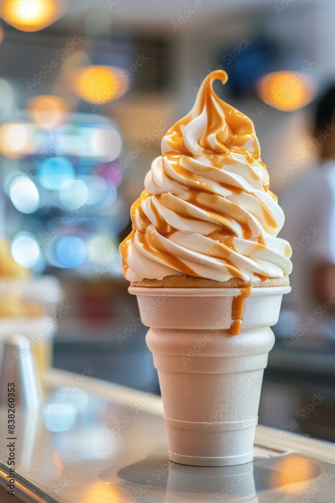 Sticker A single ice cream cone sits on top of a kitchen counter, ready to be enjoyed