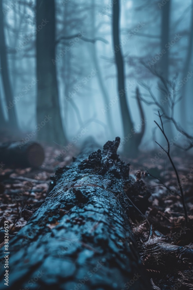 Poster a large tree has fallen in the middle of a dense forest, with vegetation and undergrowth growing aro
