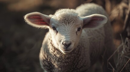 Fototapeta premium A close-up shot of a sheep grazing in a green field, suitable for agricultural or rural-themed content