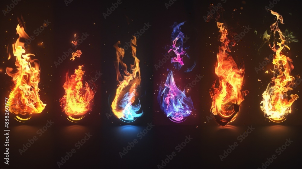 Aufkleber A set of four different colored flames on a black background, suitable for use in graphics and design projects