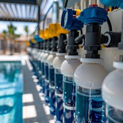 Obraz premium A row of blue oxygen tanks are lined up next to a pool