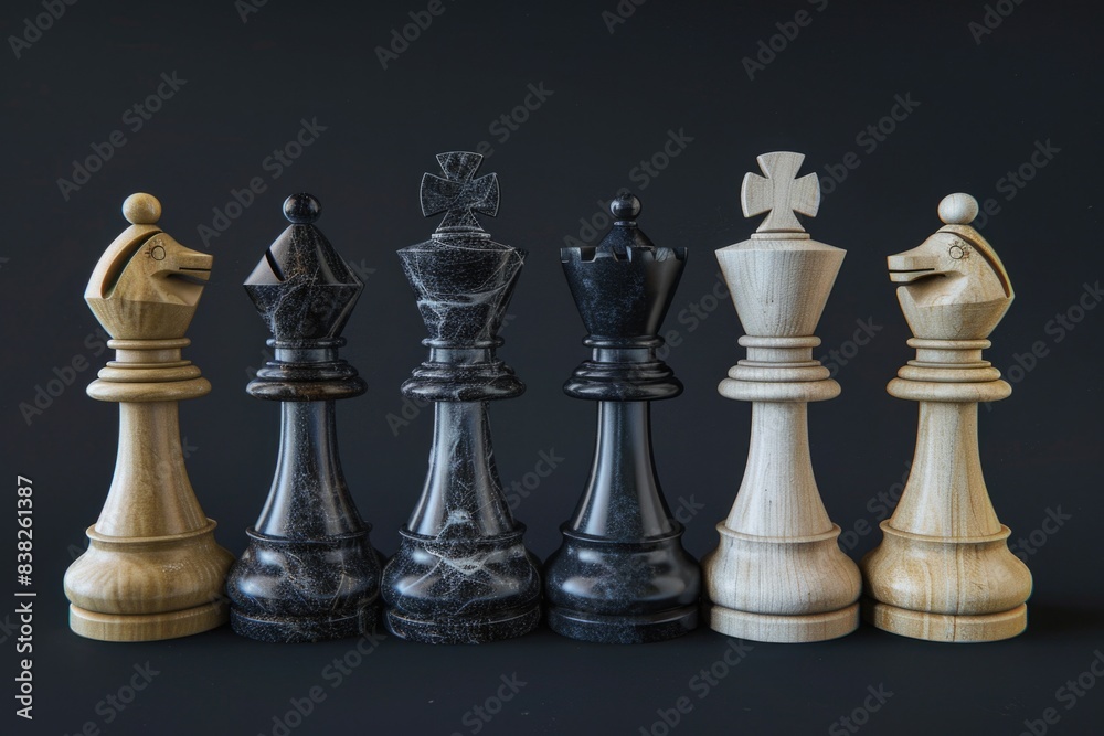 Poster a group of chess pieces sitting next to each other on a board
