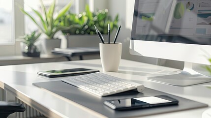 Tidy desk setup with a computer, phone, notebook, and pen, creating an inviting and productive work environment