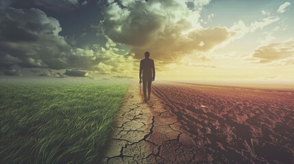Fototapeta premium Silhouette of a man walking down a path in a vast field. Climate change concept. contrast of green to dry and barren