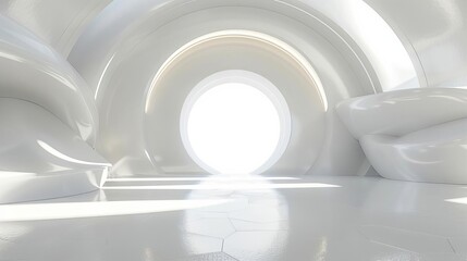 Obraz premium futuristic abstract spherical light source illuminating vast white interior 3d rendering