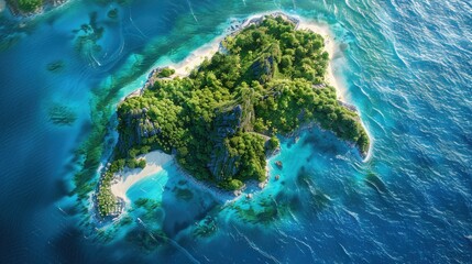 Top-down view of an idyllic island amidst blue waters, highlighting its lush vegetation and pristine beaches - Powered by Adobe