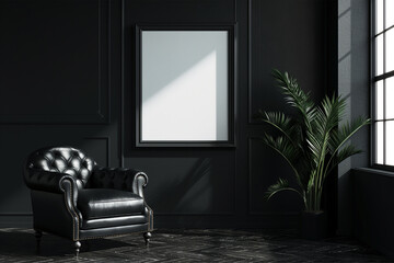 Picture frame mockup in dark tones with leather black armchair and decoration minimal