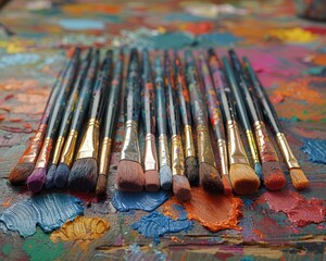 Fototapeta premium A variety of paintbrushes arranged on a colorful palette create an artistic and vibrant backdrop, ready for painting.