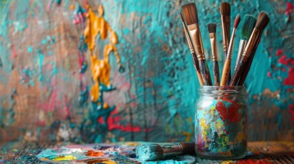 A vibrant and colorful artist's workspace with paintbrushes in a jar, a palette, and a richly painted background, embodying creativity.