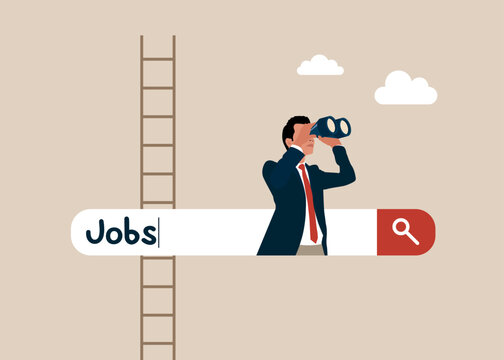 Businessman with binoculars in job search bar . Looking for new job, employment, seek for vacancy or work position. Vision future concept. Flat vector illustration