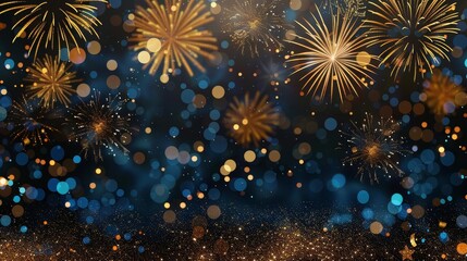 Fototapeta premium Abstract gold, black, and blue glitter background with fireworks Christmas Eve, 4th of July holiday concept