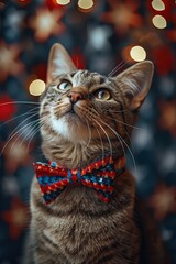 Charming tabby cat wearing colorful bow tie with festive bokeh lights in the background, creating a festive holiday scene.