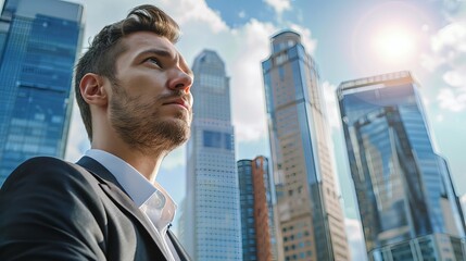 Fototapeta premium City skyline blending seamlessly with a thoughtful businessman's face