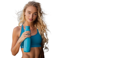 Blond Fit Woman Holding blue Water Bottle Against Transparent Background