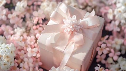 A gift box with ribbon and delicate floral