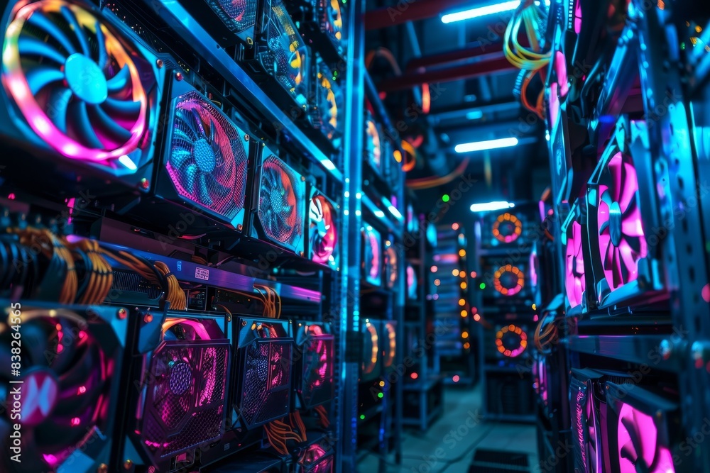 Poster a design element with 3d illustrations. a rendering of a dark bitcoin cryptocurrency mining farm wit