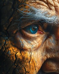 Close-up photo of an elderly person's eye, showing deep wrinkles, blue iris, and textured skin with dramatic lighting.