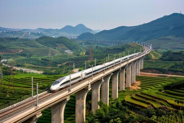 Obraz premium Aerial view of a highspeed rail line, illustrating modern transportation technology in a scenic landscape