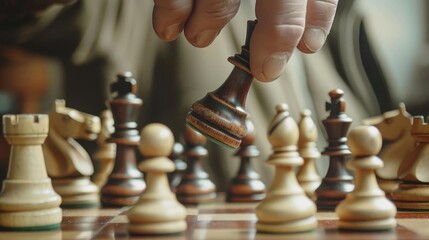 Closeup of a hand picking a chess piece, emphasizing strategic thinking and game dynamics