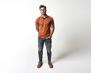 30s latino attractive man, standing and wearing an orange t-shirt and eyeglasses, nerdy style, full length,  isolated on white
