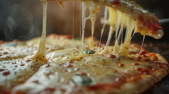 Slice of basil and buffala mozzarella pizza dripping with melting cheese lifting from pizza base