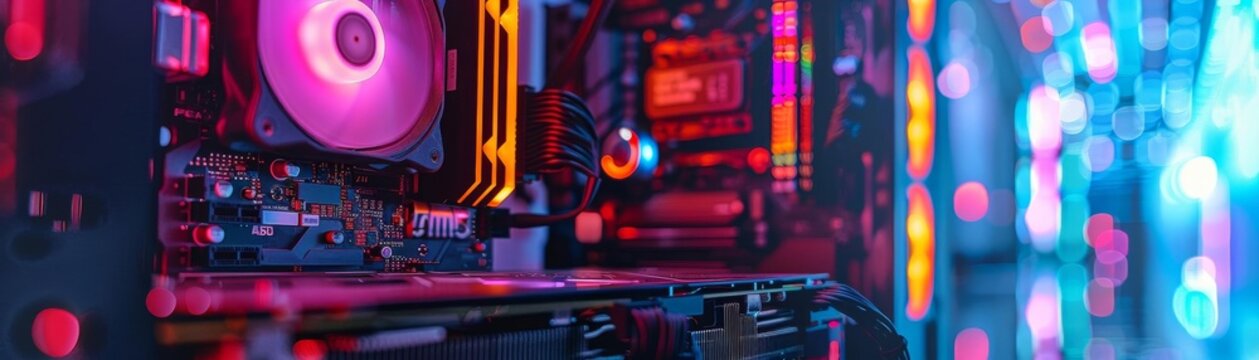 Custom gaming PC build with open case showing LED lighting and highperformance components