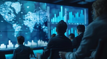 Financial seminar with experts discussing global economic trends, using interactive digital displays
