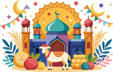 Fototapeta premium Flat style Mosque isolated on clear background. Vector Illustration. Eid Mubarak greetings. Ramadan Kareem.