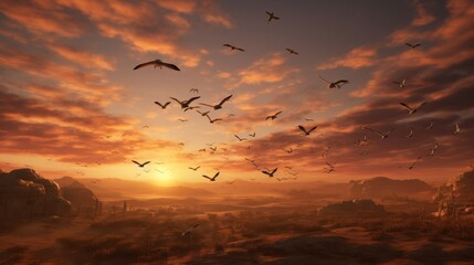 Obraz premium birds flying sky sunrise dawn leadership teamwork. 