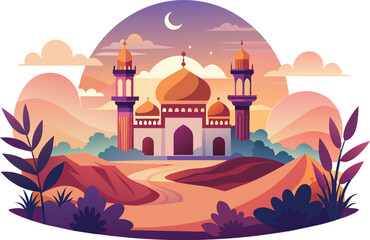 Flat style Mosque isolated on clear background. Vector Illustration. Eid Mubarak greetings. Ramadan Kareem.
