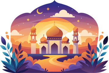 Flat style Mosque isolated on clear background. Vector Illustration. Eid Mubarak greetings. Ramadan Kareem.