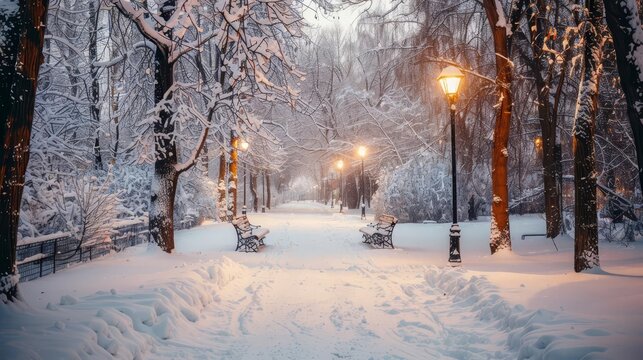 magical winter wonderland in a city park after fresh snowfall landscape photography