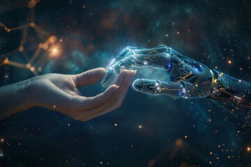 Scifi image of a human and robotic hand extending towards one another, against a backdrop of a starry data network