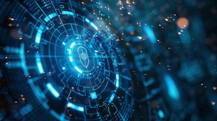 Tech conference presentation featuring a futuristic cybersecurity shield technology, demonstrated with cuttingedge graphics