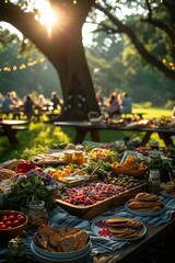 Sunset picnic with diverse food spread on a wooden table outdoors, people enjoying in the background under trees with string lights.