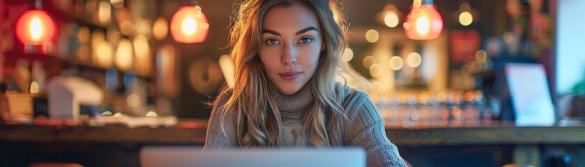 Obraz premium Woman using a gaming laptop at a cafe, deeply focused on an online strategy game